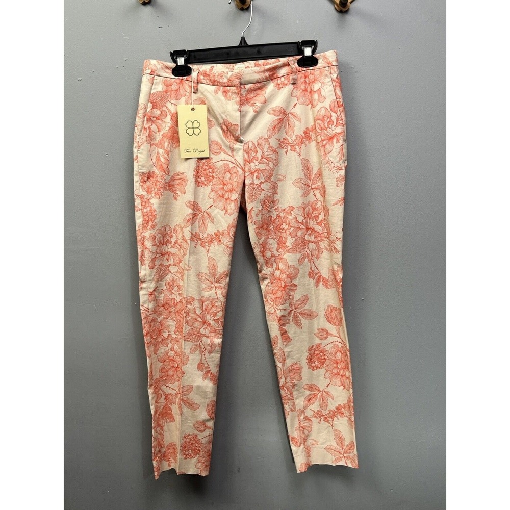 True Royal Pants Womens 6/42‎ Orange Tan Floral Print Slim Trousers Italian NEW